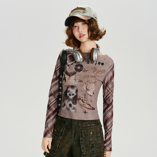 修身 Girlyhalo美式 新款 t恤女秋季 显瘦上衣 复古辣妹网纱印花长袖