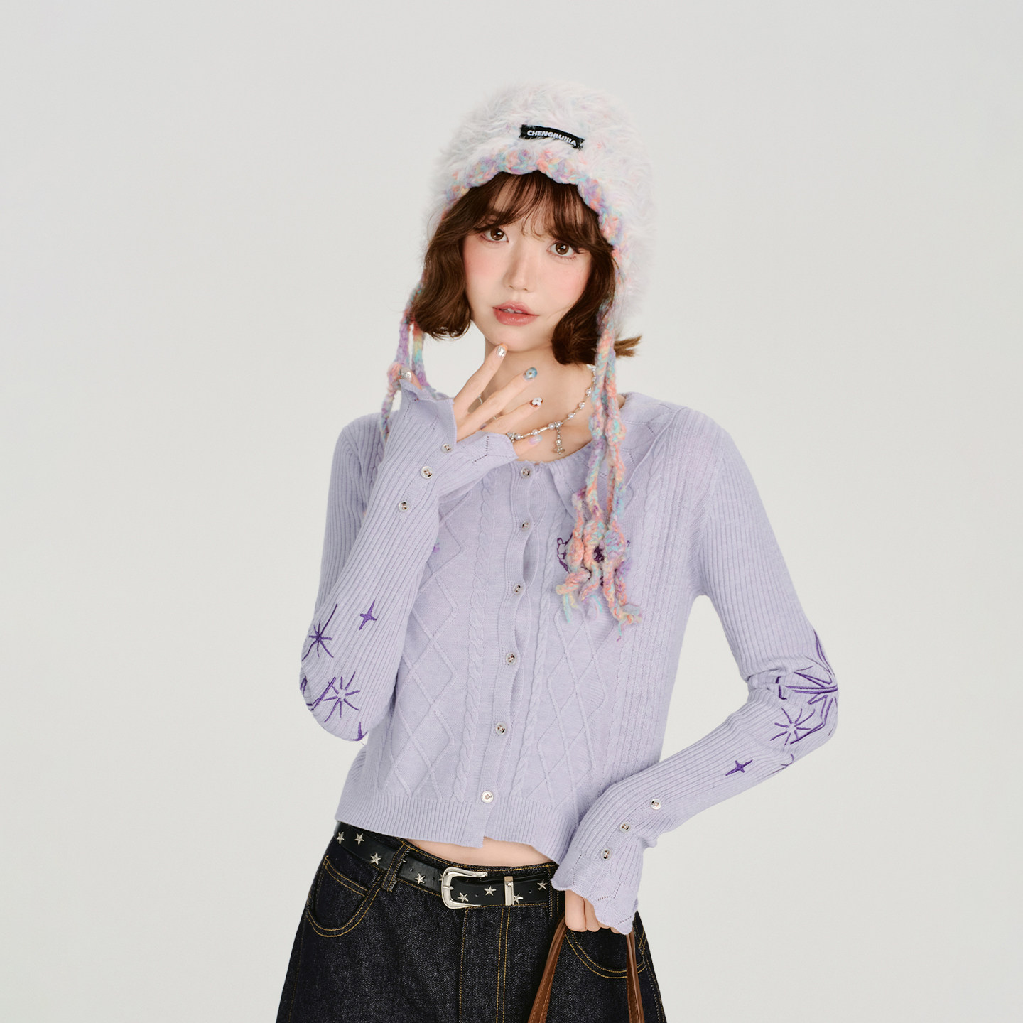 Girlyhalo美式复古设计感翻领针织开衫女秋季新款短款甜酷上衣