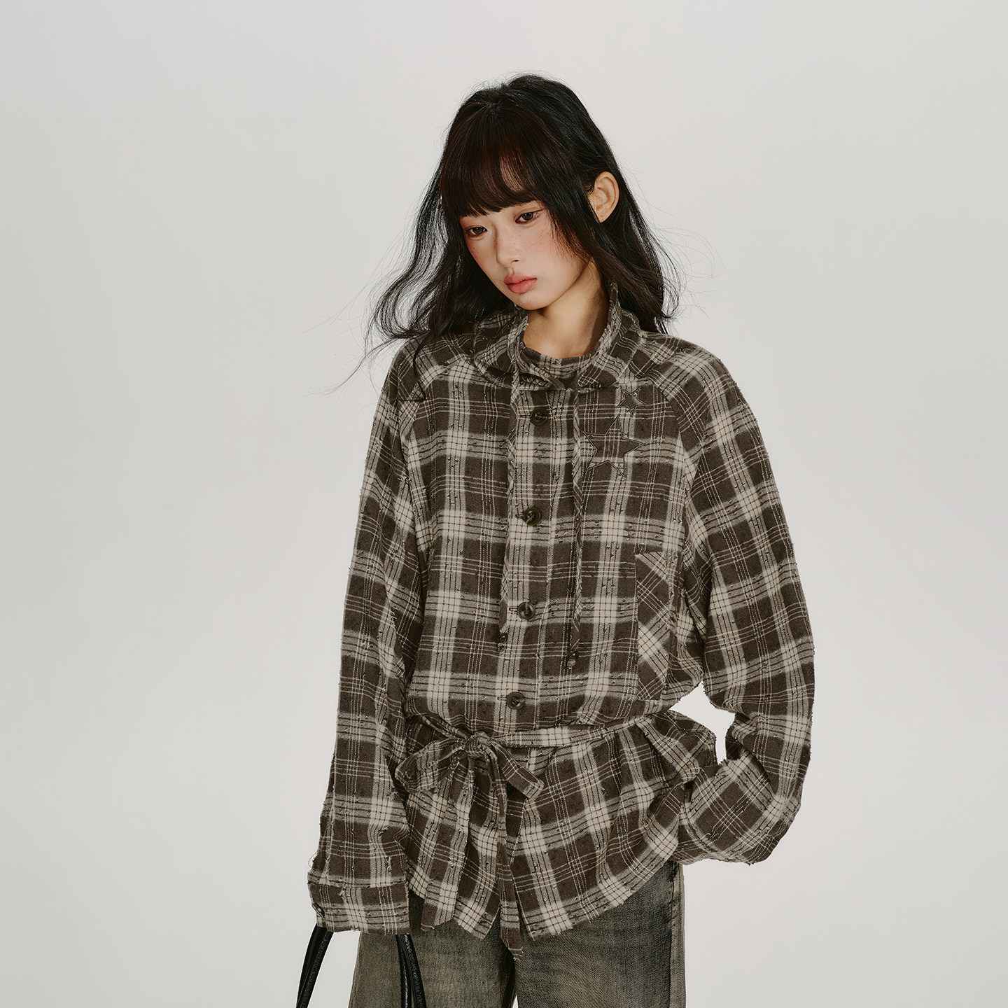 Girlyhalo美式复古格纹绑带衬衫外套女秋新款设计感衬衣宽松上衣图片