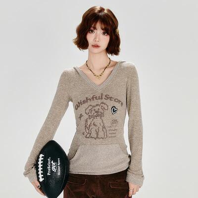 小狗印花连帽针织衫套头