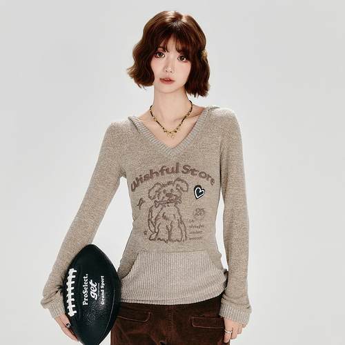 小狗印花连帽针织衫套头