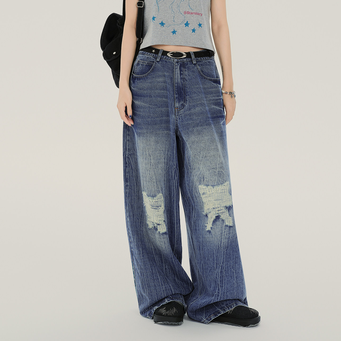Girlyhalo美式复古水洗割破工艺阔腿牛仔裤女夏新款高腰直筒长裤