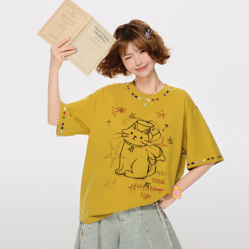 Girlyhalo美式复古重工刺绣短袖t恤女夏新款猫咪印花宽松休闲上衣