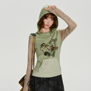 新款 t恤女秋季 甜酷设计感上衣 复古撞色印花连帽长袖 Girlyhalo美式