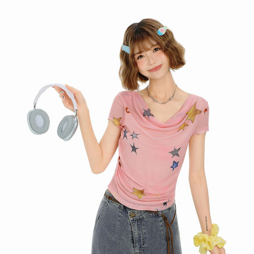 Girlyhalo美式复古网纱荡领一字肩短袖t恤女夏季新款印花修身上衣