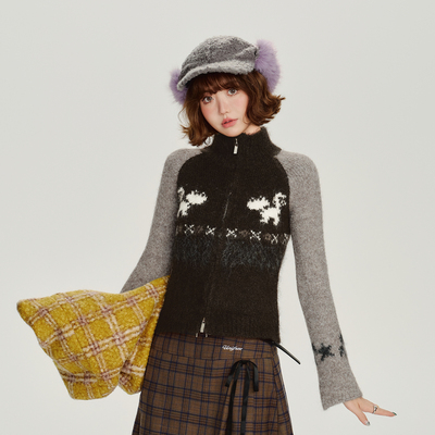 Girlyhalo美式复古提花插肩袖毛衣外套女秋冬季短款修身针织开衫