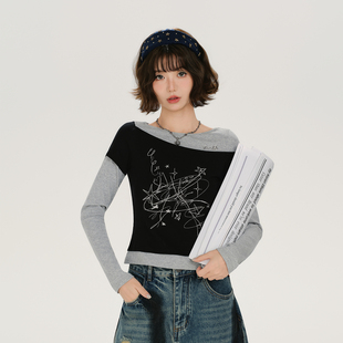 复古刺绣假两件长袖 修身 t恤女秋季 短款 显瘦上衣 新款 Girlyhalo美式