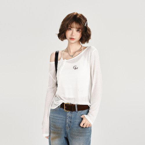 Girlyhalo美式辣妹大圆领微透宽松罩衫女夏新款刺绣百搭软糯上衣
