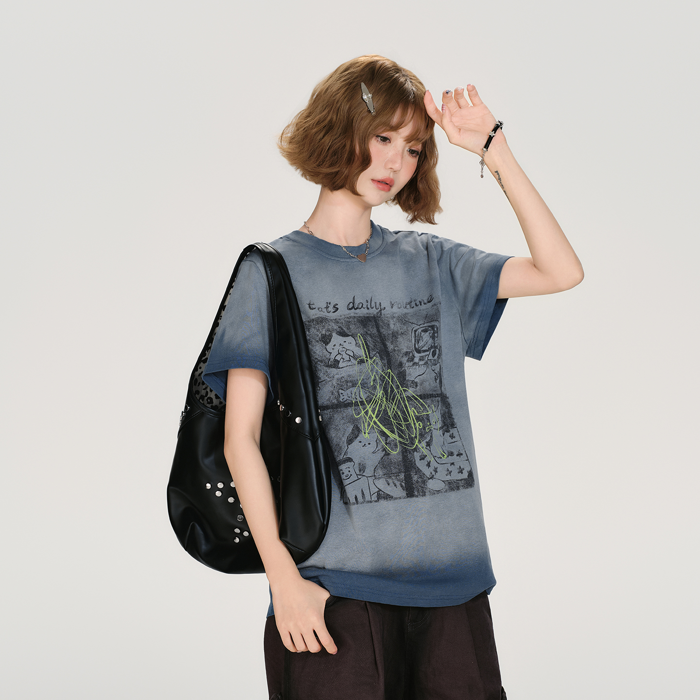 Girlyhalo美式复古做旧水洗印花短袖t恤女夏季新款宽松显瘦上衣