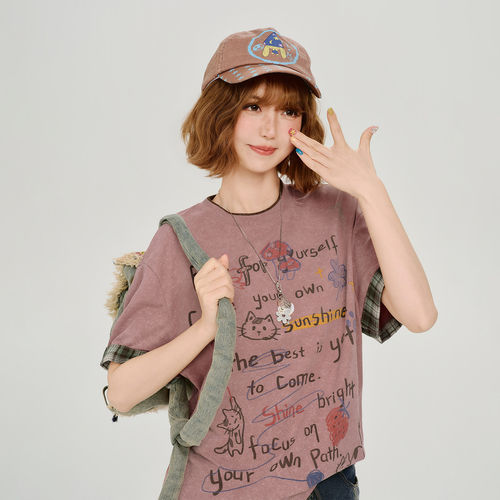 Girlyhalo美式复古街头水洗做旧短袖t恤女夏新款格纹印花宽松上衣