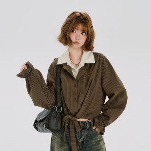 Girlyhalo美式复古假两件拼接刺绣衬衫女秋季新款宽松设计感衬衣