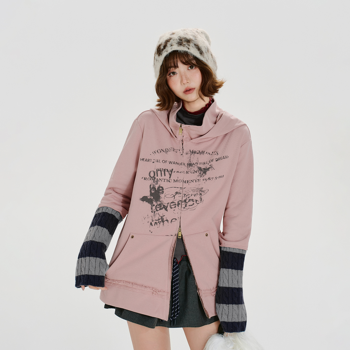 Girlyhalo美式复古毛织袖拼接连帽卫衣外套女秋冬新款设计感上衣