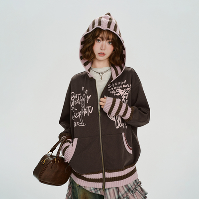 Girlyhalo美式复古毛织拼接连帽卫衣外套女秋季新款宽松休闲上衣