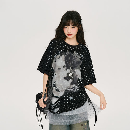 Girlyhalo美式复古波点猫咪印花短袖t恤女夏新款宽松休闲抽绳上衣