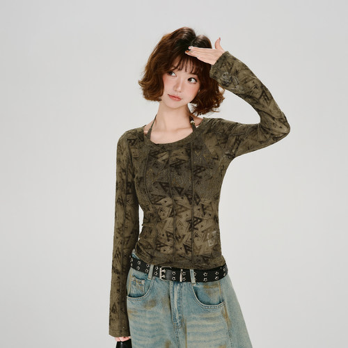 Girlyhalo美式复古辣妹印花拼接长袖罩衫两件套女春新款修身上衣