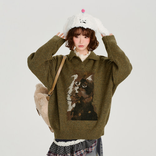 Girlyhalo美式复古印花翻领毛衣女秋冬新款设计感宽松针织上衣