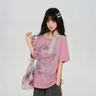 Girlyhalo美式复古挂脖印花短袖t恤女夏季新款抽绳宽松设计感上衣
