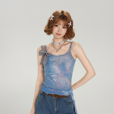 Girlyhalo美式辣妹网纱吊带背心女夏季绑带蝴蝶结设计感修身上衣
