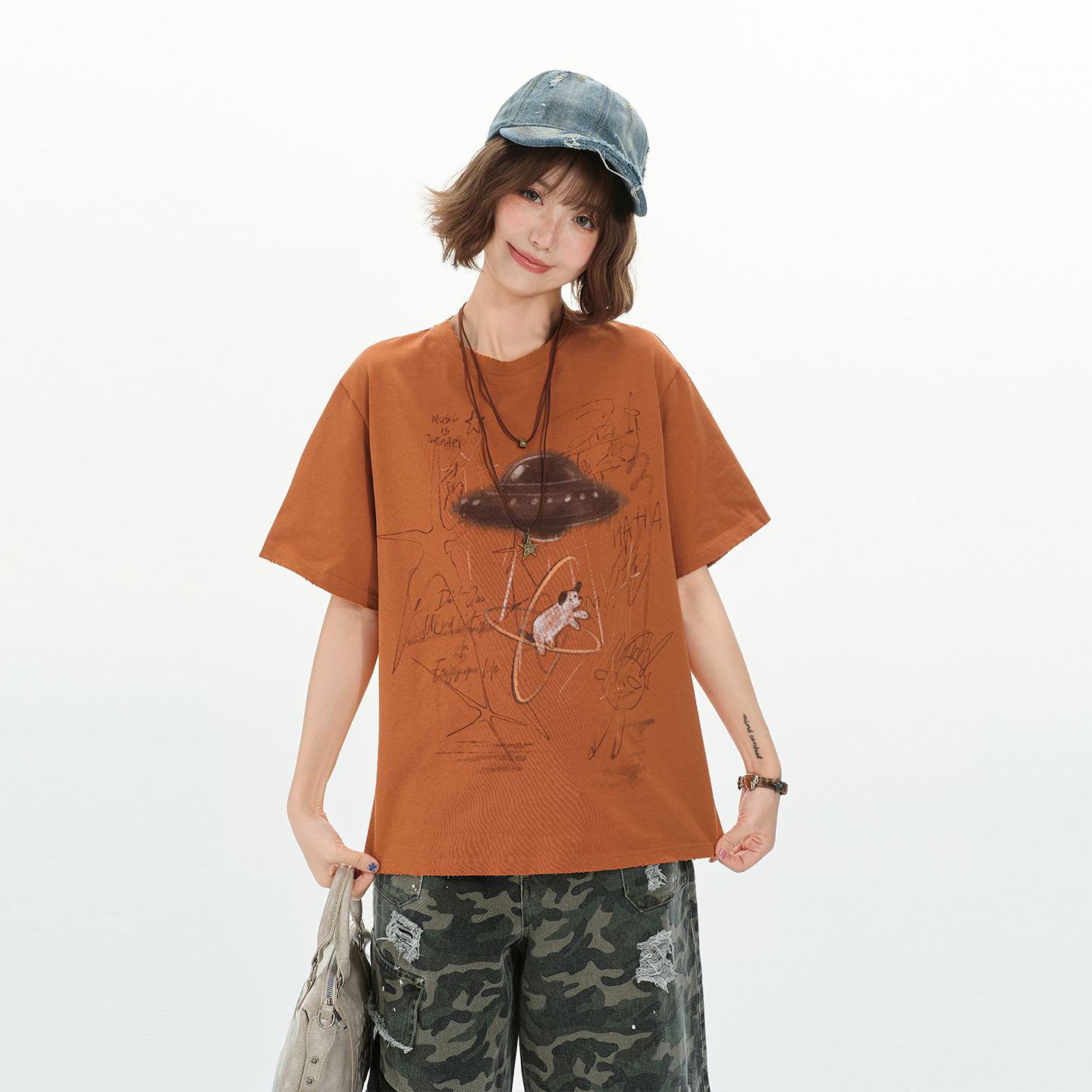 Girlyhalo美式复古印花圆领短袖t恤女夏季新款宽松显瘦休闲上衣