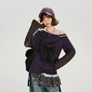 新款 t恤女秋季 设计感宽松上衣 复古假两件斜肩长袖 Girlyhalo美式