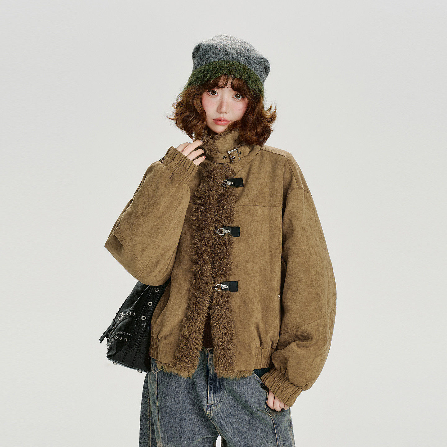 Girlyhalo美式复古麂皮绒羊羔毛拼接棉衣外套女冬季新款加厚棉服