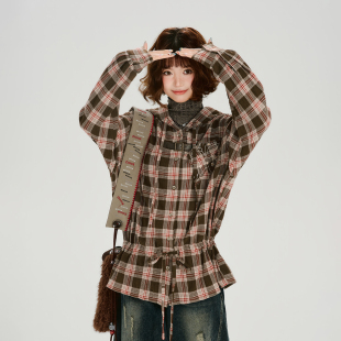 女春新款 衬衫 设计感宽松衬衣 复古刺绣连帽格纹长袖 Girlyhalo美式