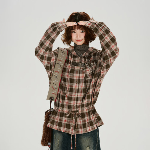 Girlyhalo美式复古刺绣连帽格纹长袖衬衫女春新款设计感宽松衬衣