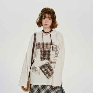 Girlyhalo美式复古贴布绣连帽长袖t恤女秋季新款肌理感宽松上衣