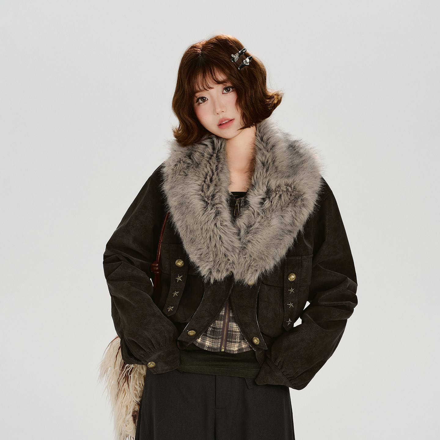 Girlyhalo美式复古毛领设计感假两件外套女冬季新款短款宽松上衣