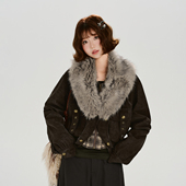 Girlyhalo美式 宽松上衣 短款 复古毛领设计感假两件外套女冬季 新款