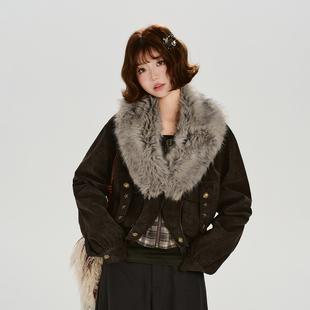 Girlyhalo美式复古毛领设计感假两件外套女冬季新款短款宽松上衣