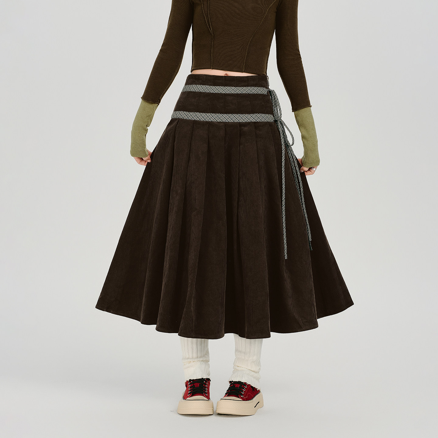 Girlyhalo美式复古拼接设计感百褶半身裙女秋冬新款加厚宽松长裙