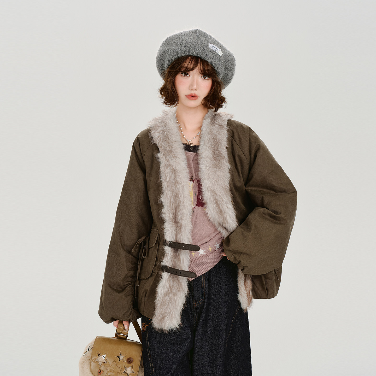 Girlyhalo美式复古设计感毛领外套女冬季新款皮扣褶皱宽松棉服