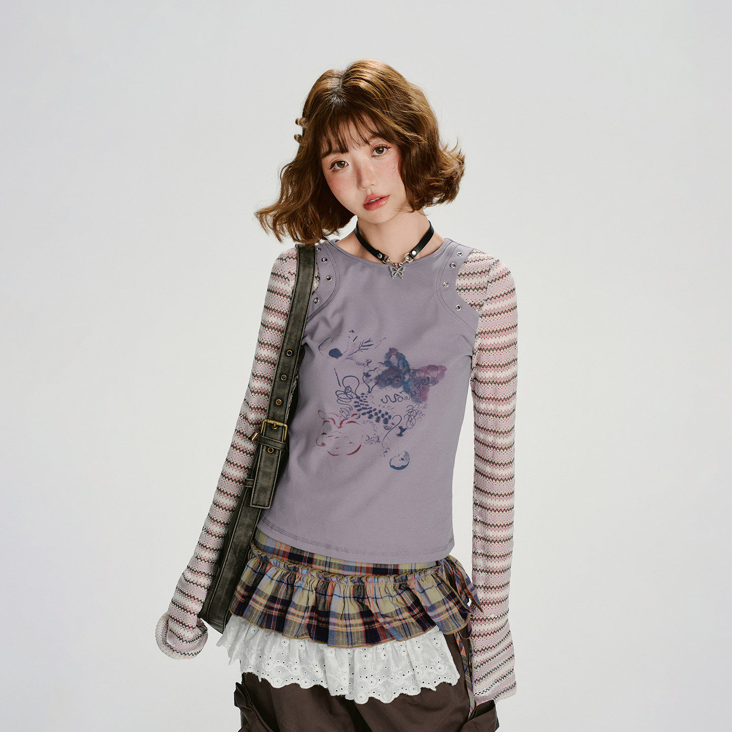 Girlyhalo美式复古印花条纹假两件长袖t恤女秋季新款修身显瘦上衣