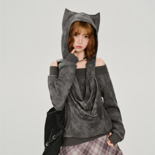 Girlyhalo美式复古猫耳连帽假两件卫衣女秋季新款甜酷风露肩上衣