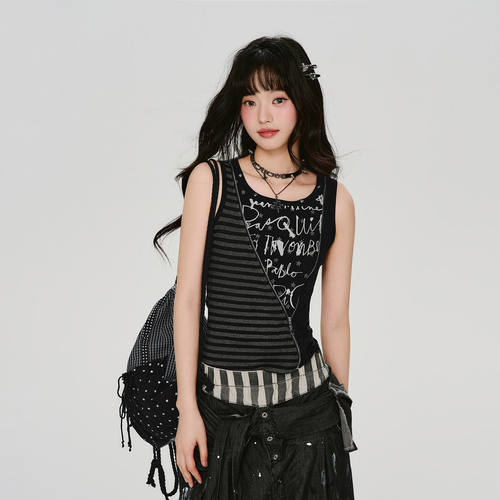 Girlyhalo美式复古条纹印花吊带背心女夏季新款朋克辣妹修身上衣