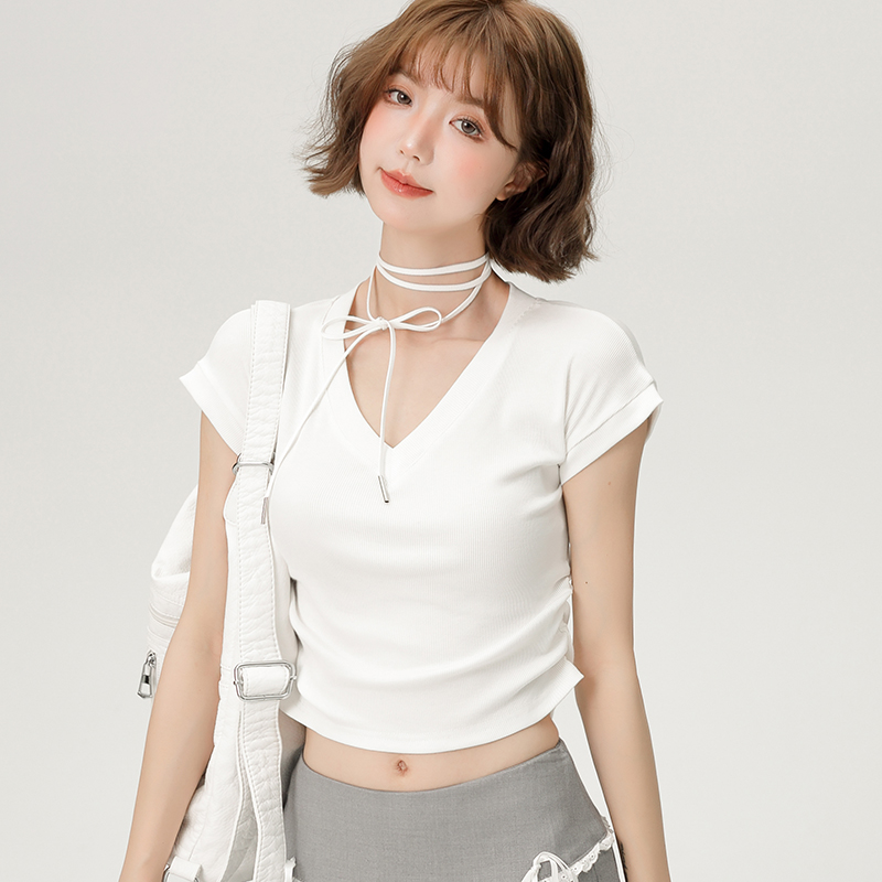 Girlyhalo白色正肩短袖t恤女2024夏季新款褶皱修身显瘦辣妹上衣