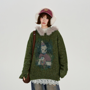 Girlyhalo美式 加厚保暖宽松针织上衣 复古毛领连帽毛衣女秋冬新款