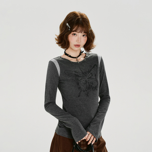 修身 Girlyhalo美式 新款 t恤女秋季 打底上衣 复古印花撞色圆领长袖