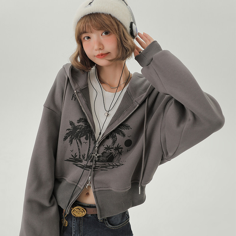 Girlyhalo舒棉绒美式复古辣妹短款卫衣女秋冬新款双拉链开衫外套,女装/女士精品,卫衣/绒衫,淘宝优惠券,粉丝福利购,淘宝优惠卷