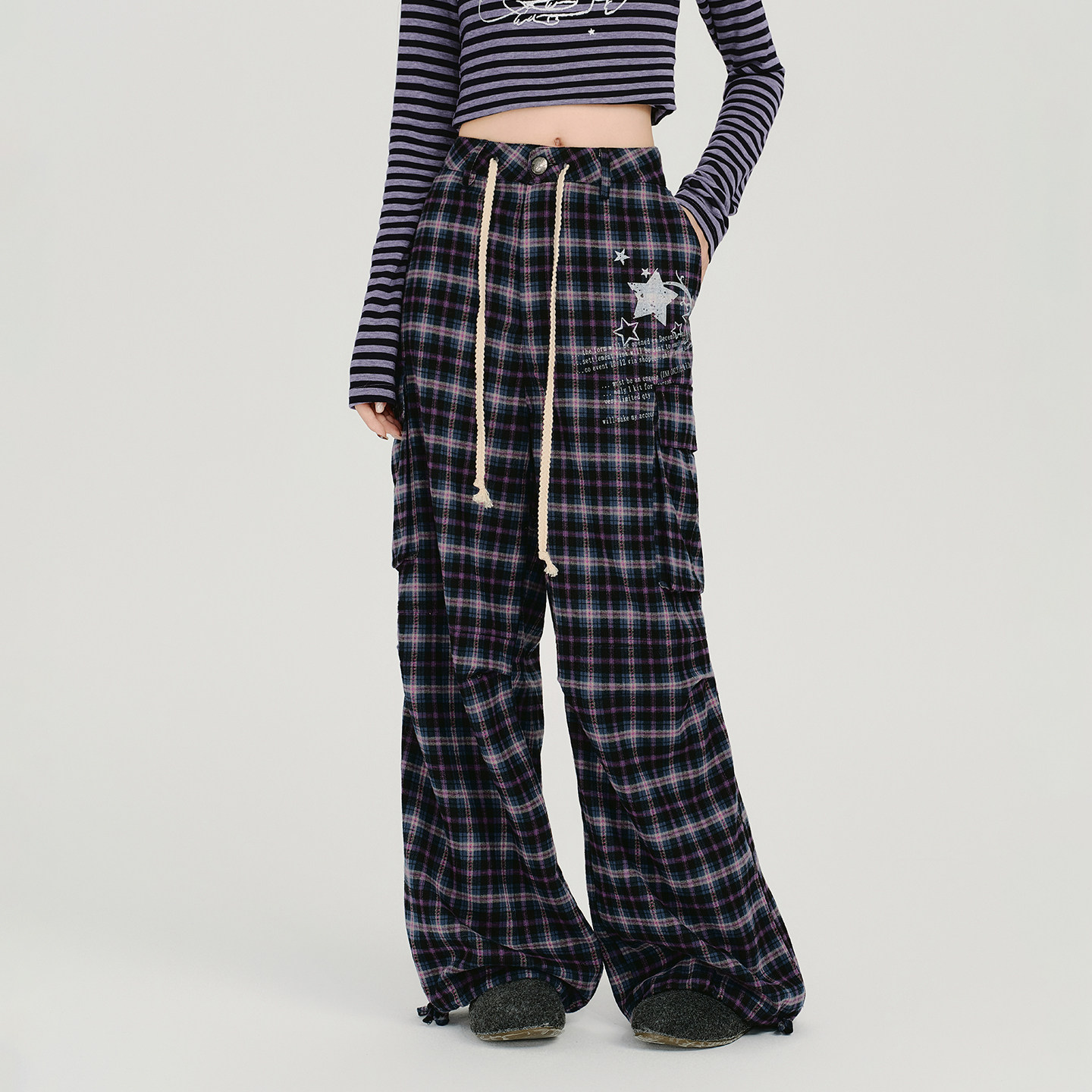 Girlyhalo美式复古刺绣格子直筒休闲裤女秋季新款慵懒风宽松长裤,女装/女士精品,休闲裤,淘宝优惠券,粉丝福利购,淘宝优惠卷