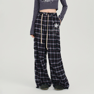 Girlyhalo美式复古刺绣格子直筒休闲裤女秋季新款慵懒风宽松长裤