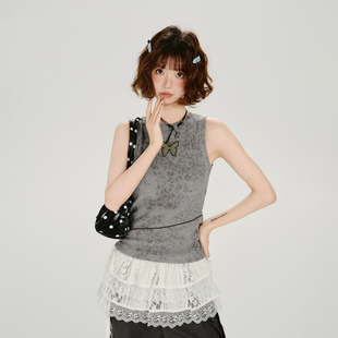 暗纹修身 Girlyhalo美式 新款 t恤女夏季 背心 复古辣妹镂空刺绣无袖