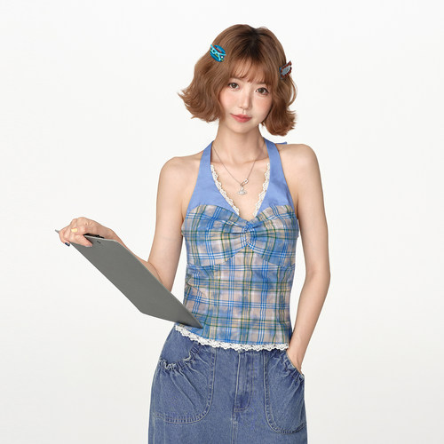 Girlyhalo美式复古拼接格子挂脖吊带背心女夏新款设计感修身上衣