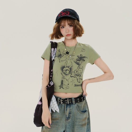 Girlyhalo美式复古涂鸦印花圆领短袖t恤女夏季新款短款修身上衣