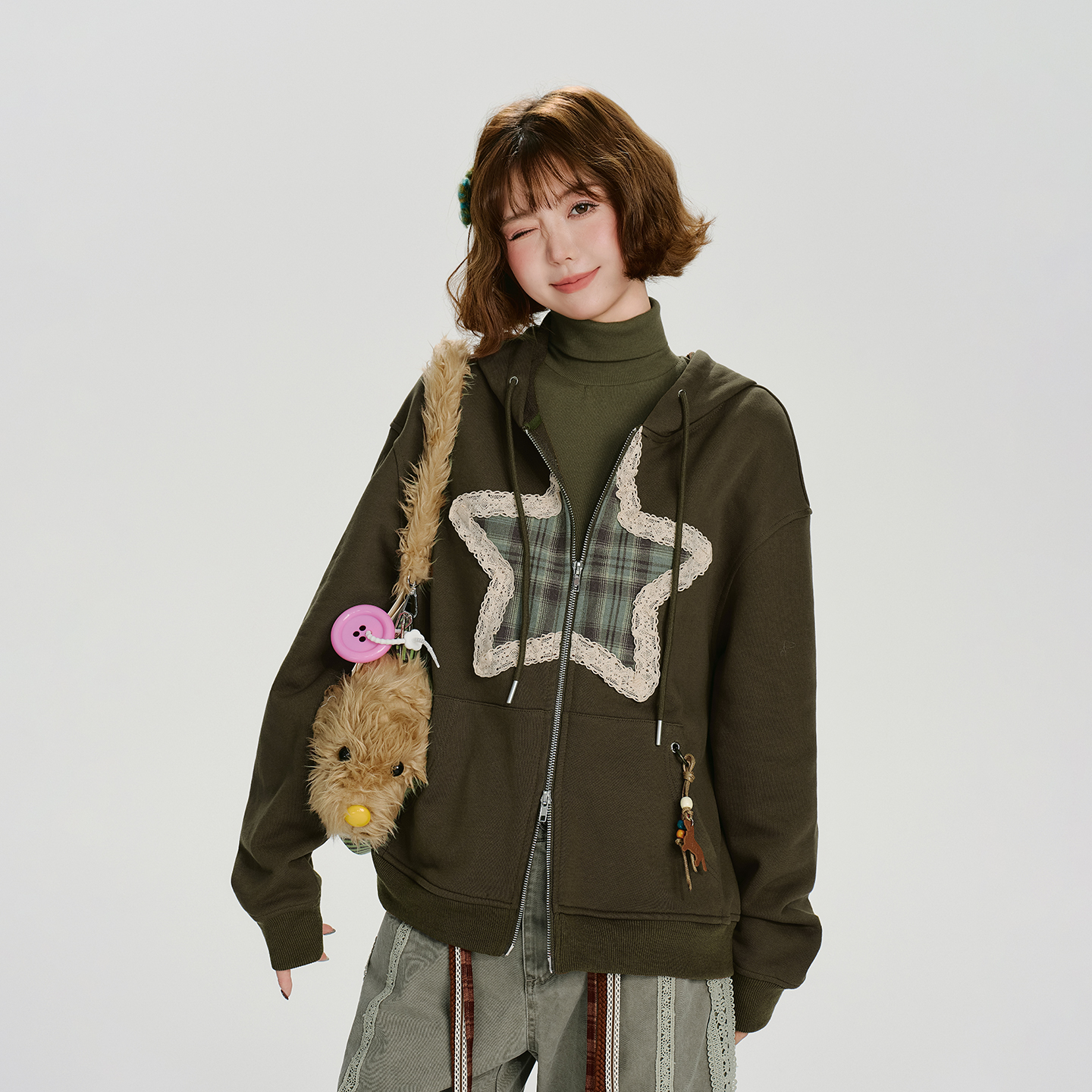 Girlyhalo美式复古花边连帽卫衣外套女秋季新款设计感宽松上衣