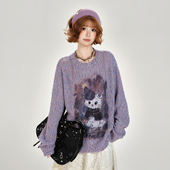 新款 Girlyhalo美式 复古印花套头圆领针织毛衣女秋季 宽松显瘦上衣