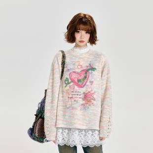 绑带设计宽松上衣 女春秋款 Girlyhalo美式 复古卡通涂鸦圆领针织衫