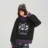 新款 Girlyhalo美式 复古高领假两件提花毛衣女冬季 加厚宽松上衣