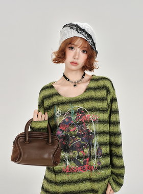 Girlyhalo美式复古绿色条纹长袖t恤女春秋新款印花宽松休闲上衣